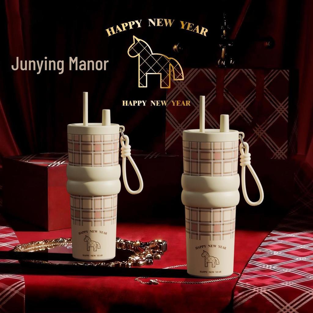 Year of the Horse Stainless Steel Thermos Cup with Ceramic Liner & Straw - Girls' Car Water Bottle, Perfect New Year Gift