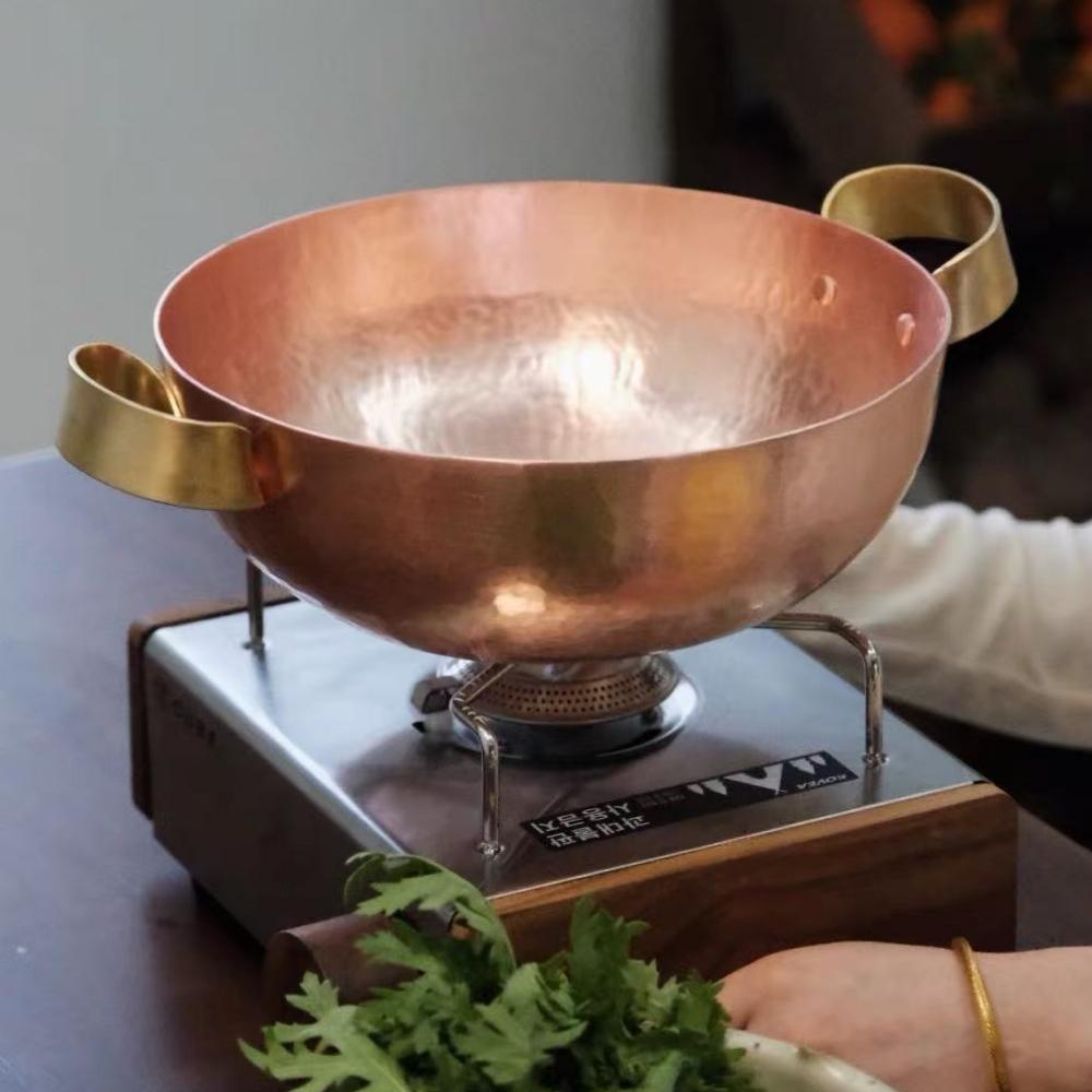 Antiker Kupfertopf, Verdicktes Hot Pot Kochutensil zum Köcheln und Schmoren von Pasta, Handgefertigter Topf mit Hammerstruktur Messinggriffen