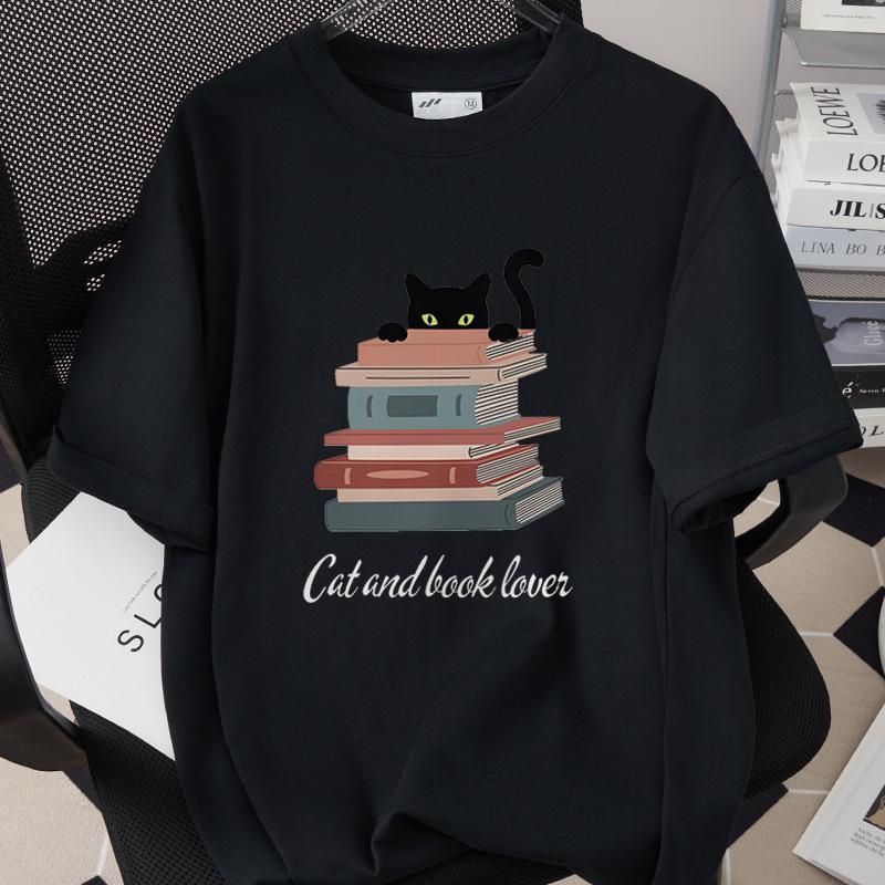 Trendiges Grenzüberschreitendes Katzen-Print-T-Shirt, 260g Reine Baumwolle, Kurzarm, Einfach 1002-45