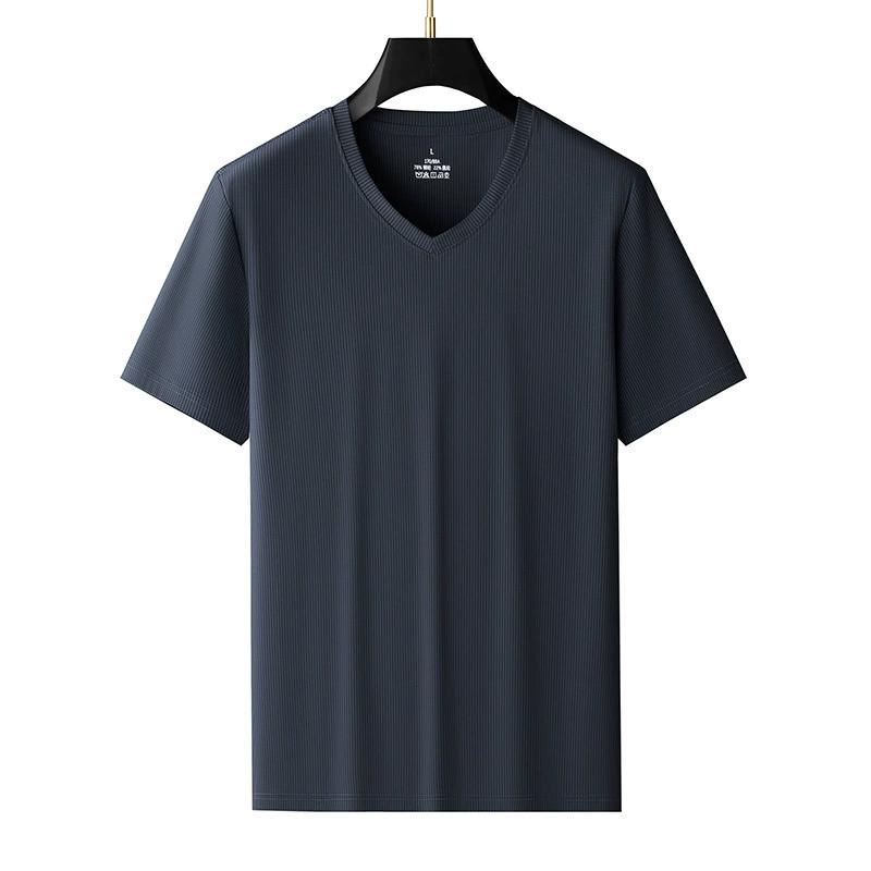 Men's Short Sleeved T-shirt, Summer Ice Silk V-neck Casual Cool T-shirt, Solid Color Top, Thin and Plus Size