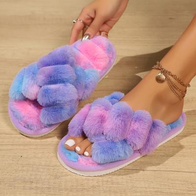 Flauschige, warme Hausschuhe mit gekreuzten Beinen, weiche Sohle, offene Zehenpartie, Plüschfutter, kuschelige Schuhe, rutschfeste, bodenschonende Hausschuhe, Winter & Herbst