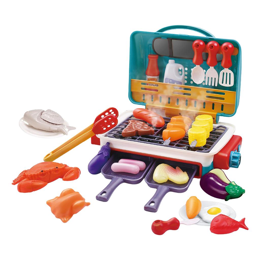 Electric Simulation BBQ Grill Toy With Spray Light Music Color Changing Food Pretend Play Kitchen Set For Kids Role Play