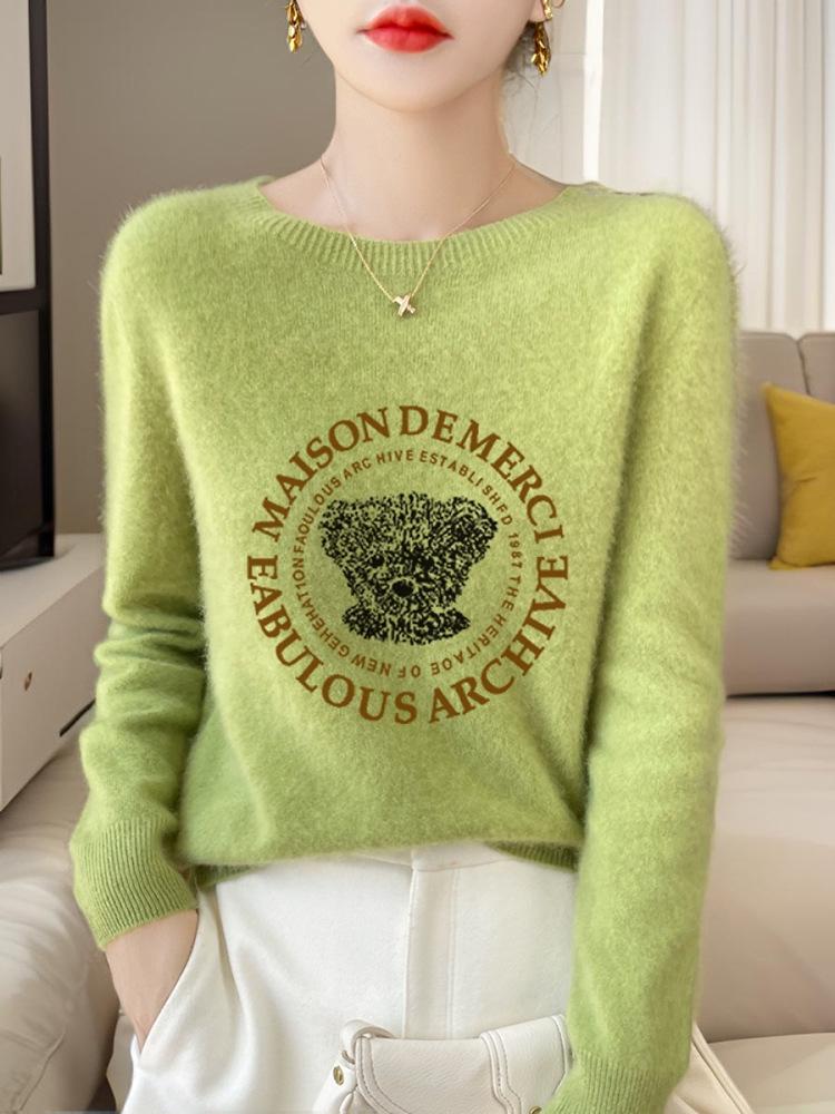 Fresh Korean Style Women's Andy Fleece Printed Sweater - Round Neck, Long Sleeve, Autumn Knit Base Layer