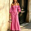 European and American One-word Shoulder Long Women's Dress, Bubble Sleeves, Waist and Thin Temperament Long Holiday Dress