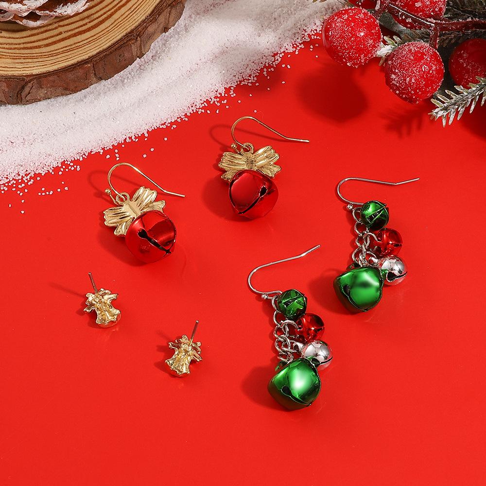 2026 new Christmas three-piece combination earrings set wholesale, creative Christmas red and green bell stud earrings