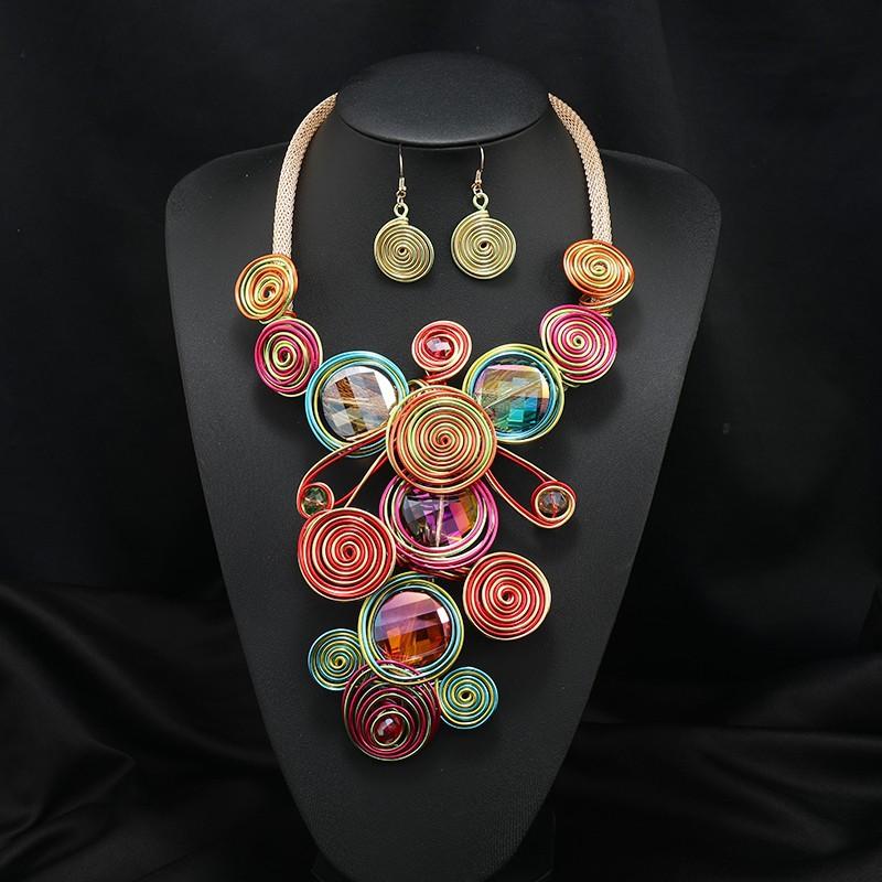 Exaggerated Fashion Crystal Multi-layer Necklace Earrings Set Female Handmade Tribe Festival Stage Accessories