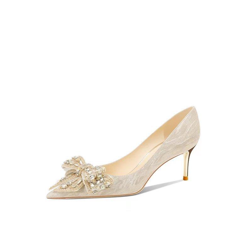 

French wedding shoes bride shoes 2025 new pointed head bow high heels women s stiletto crystal shoes temperament single shoes 39