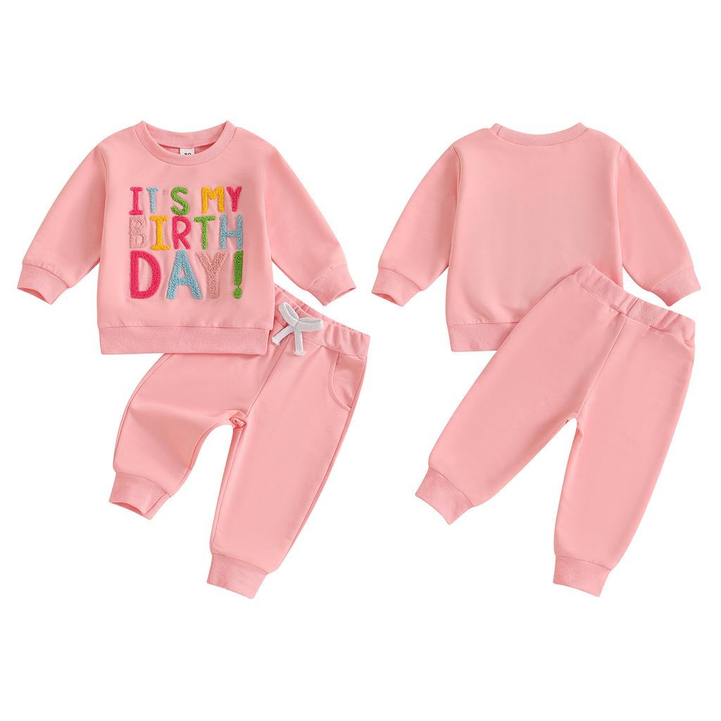Kleinkind Mädchen Geburtstagsoutfit Buchstabenstickerei Langärmlig Rundhalsausschnitt Pullover mit Einfarbiger Langer Hose 2-teiliges Set