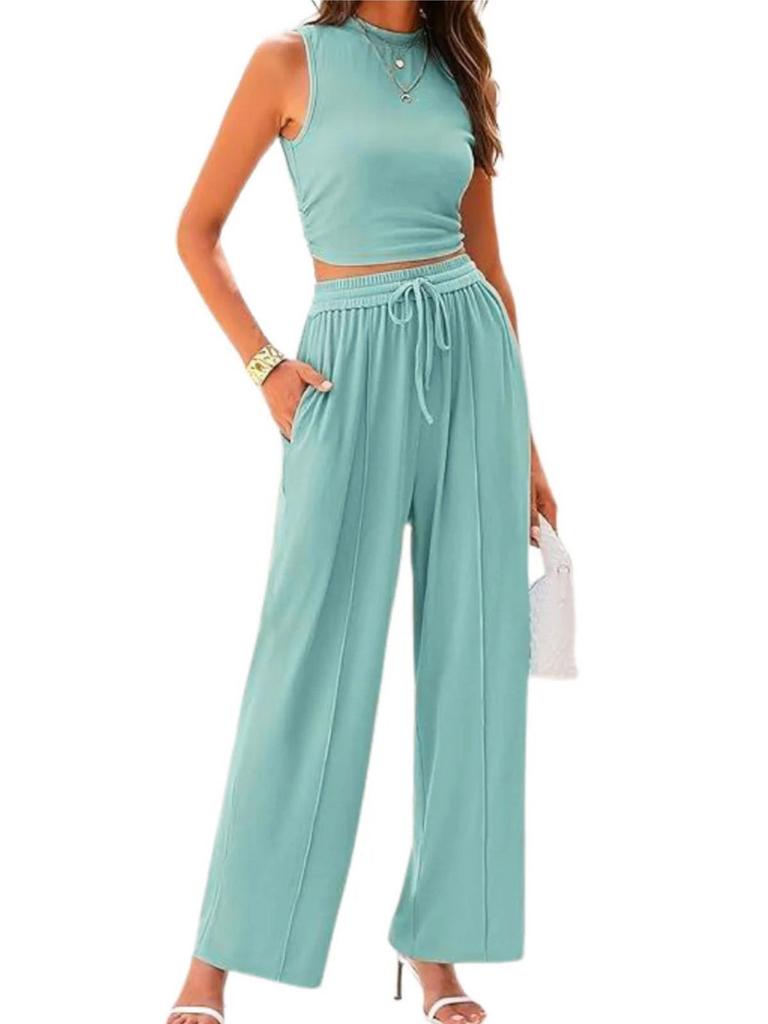 2026 Women's Knit Casual Two-Piece Set: Short Tank Top & Wide-Leg Sports Pants