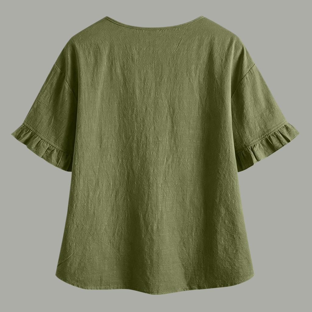 Women’s Casual Button Front Ruffle Sleeve Shirt Loose Fit Cotton Linen Blouse Relaxed Fit V Neck Top for Daily Wear
