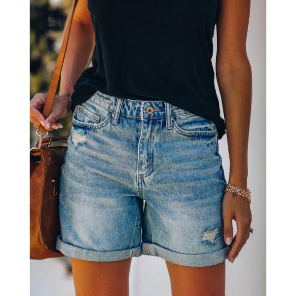 Women s High Waist Denim Shorts Loose Fit Streetwear Ripped Cuffed Hem Bermuda Shorts S