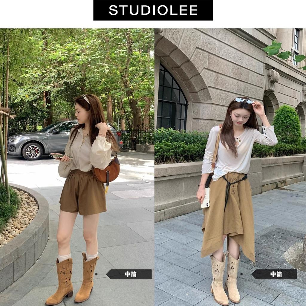 Cowhide version of grape mother, two versions of the same style~ Spice girl pointed head hollow embroidery medium and short tube thick heel western 