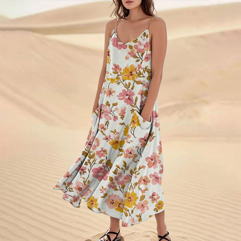 Women's Casual V Neck Floral Print Sleeveless Pocket Suspender Dress