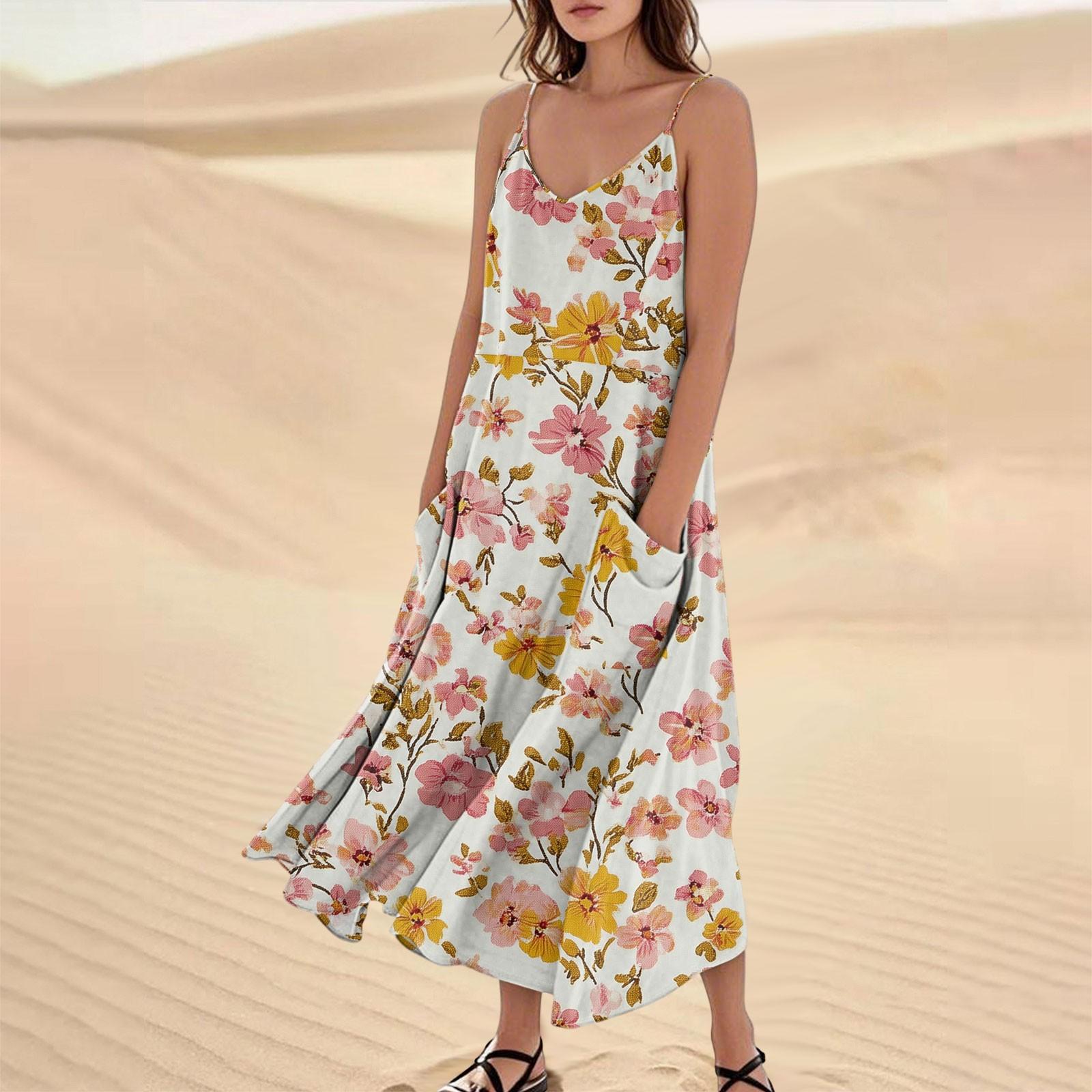 

Женское повседневное платье-сарафан с V-образным вырезом, цветочным принтом, без рукавов, с карманом L розовый