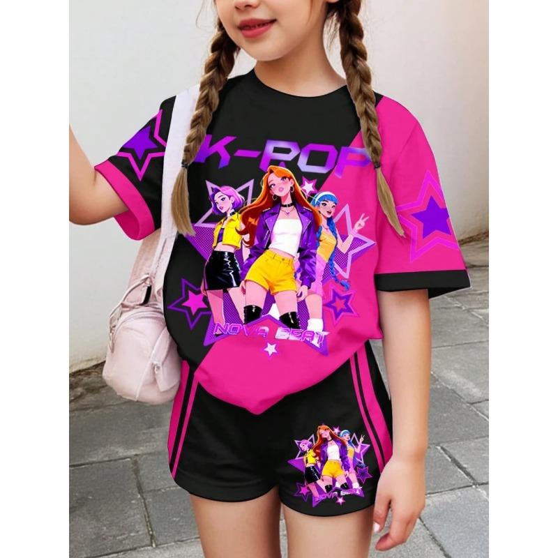 Kpop Cartoon Graphic Girls T-Shirt and Pants Set Girls' Summer Clothing Cute Short Sleeve Set Children's T-Shirt and Shorts Set