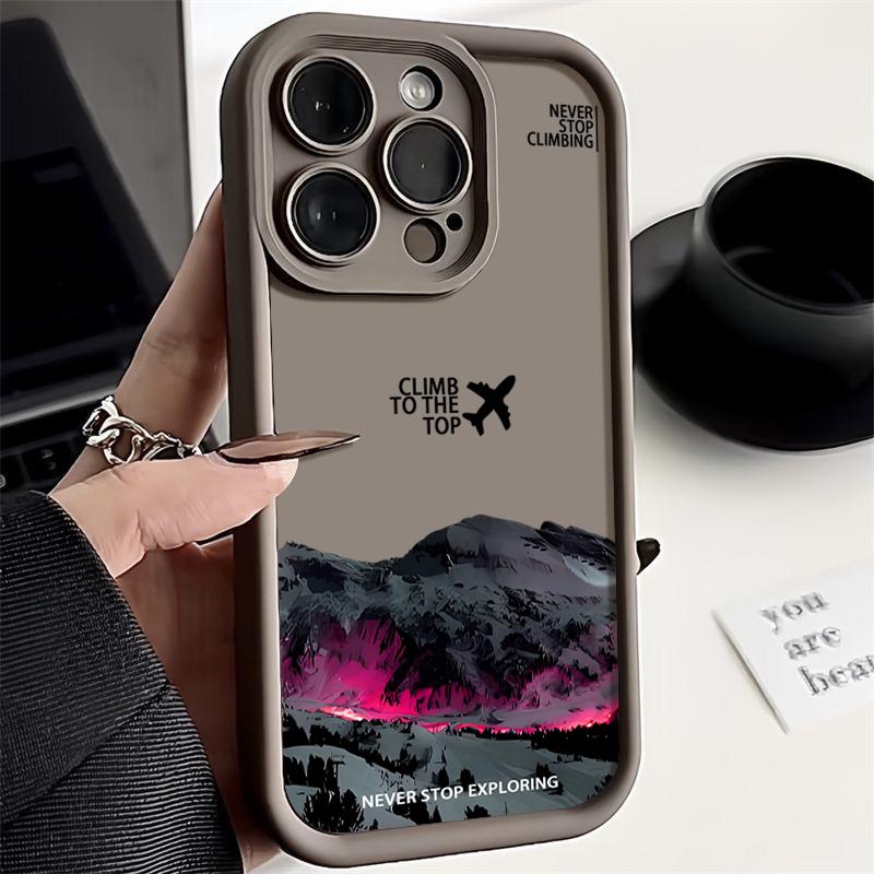For iPhone 16E 15 Pro Max 14 Pro 13 12 11 XR XS 8 7 Cover Airplane Mountain Pattern Lens Protection TPU Shockproof Soft Silicone Phone Case Shell