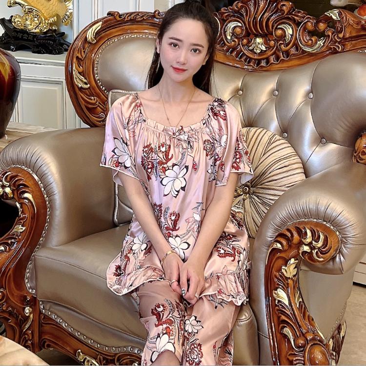 Pyžama Summer Capris Dámské Pyžamové soupravy Krátké Rukávy Elegantní Pižama Satén Hedvábí Povlečení na spaní Domácí oblečení