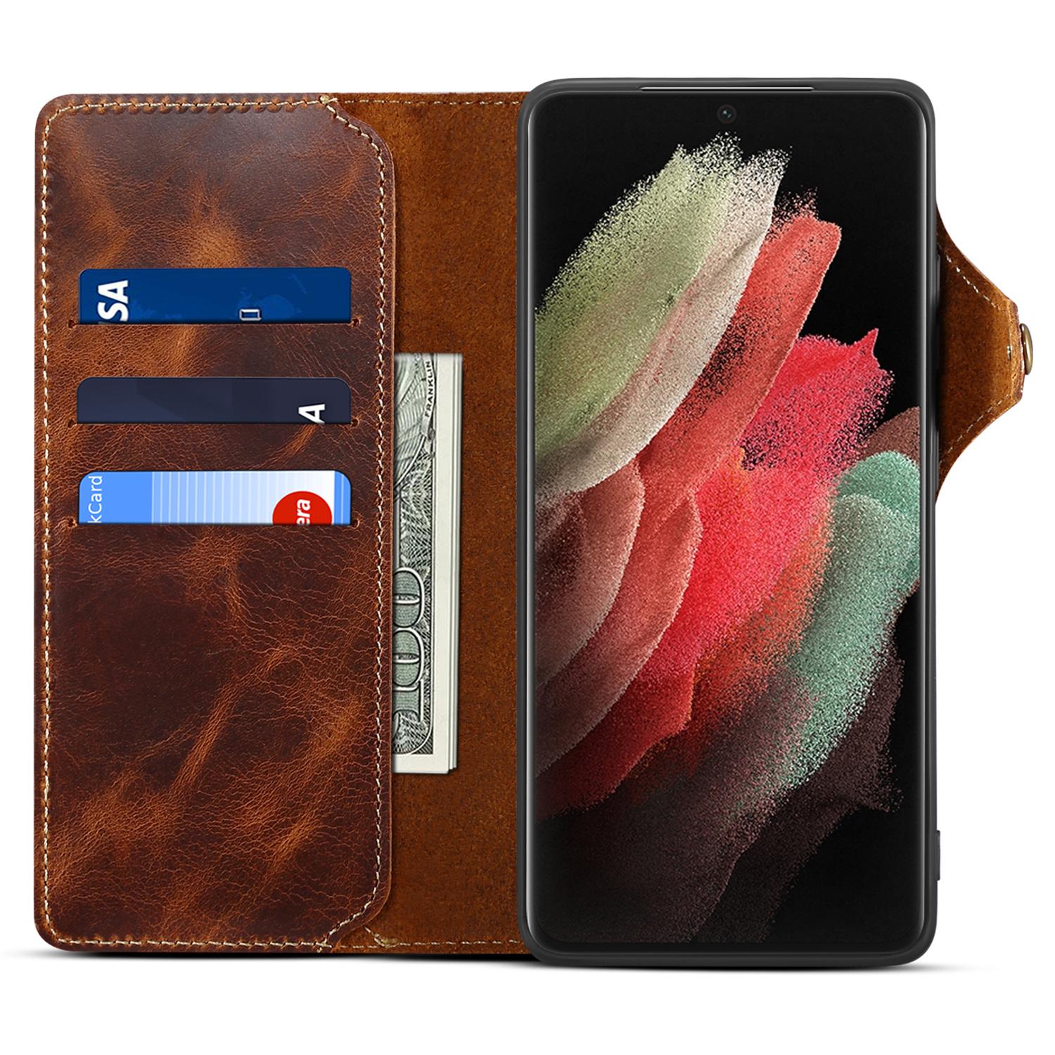 

For Samsung Galaxy S24 Ultra Cell Phone Case Buckled Retro Oil Wax Wallet Cover Purple