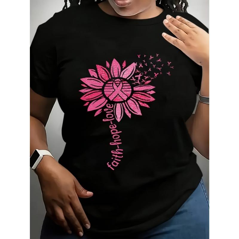 Women s & Unisex Breast Cancer Awareness T-Shirt - Pink Ribbon & Sunflower Faith Hope Love Tee, Soft Breathable Short Sleeve Shirt with Pink, S чёрный