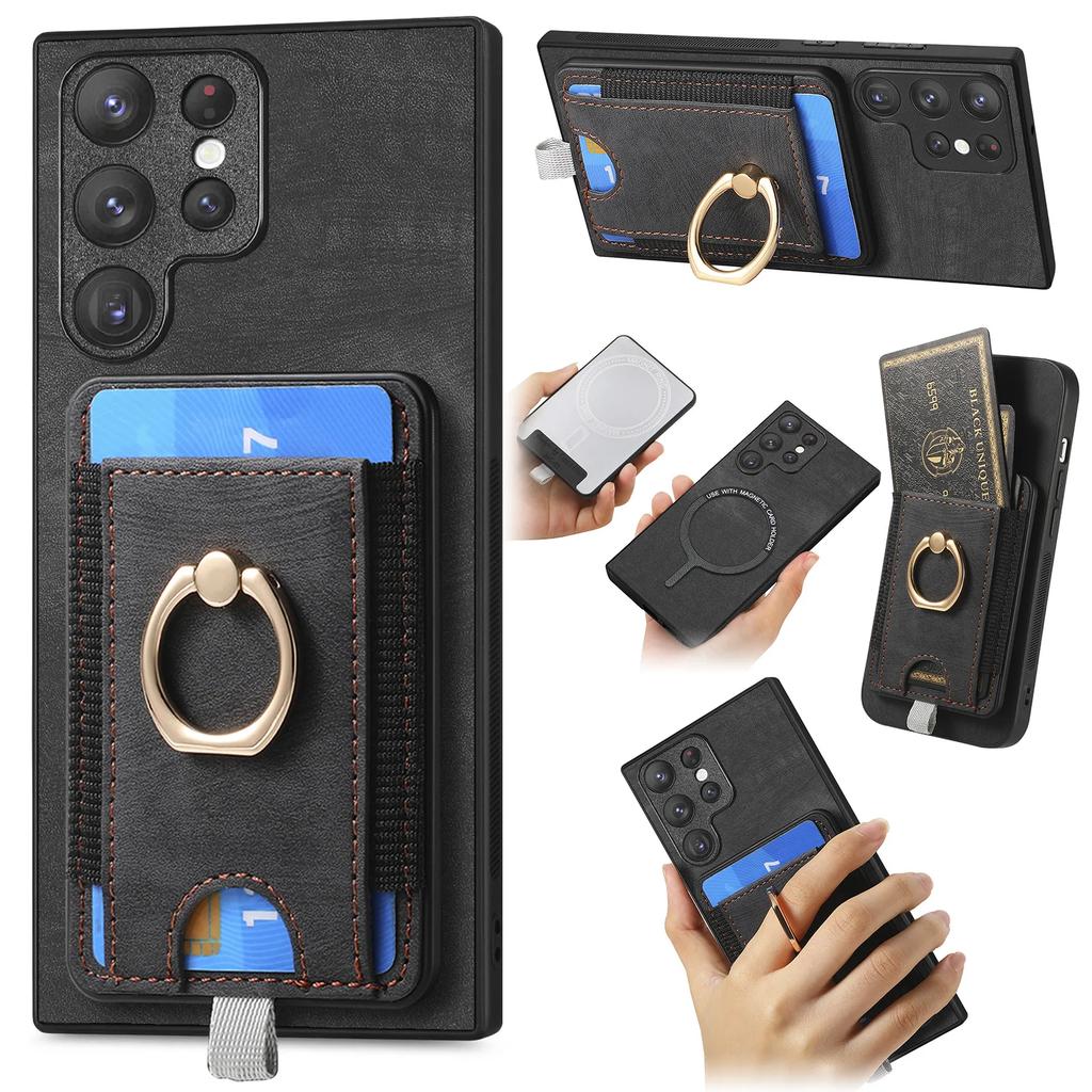 Ring Leather Magnetic with Card Holder Phone Case for Samsung Galaxy S23 FE S24 S22 Ultra Plus M53 M33 A55 A25 A35 A15 A05 Cover