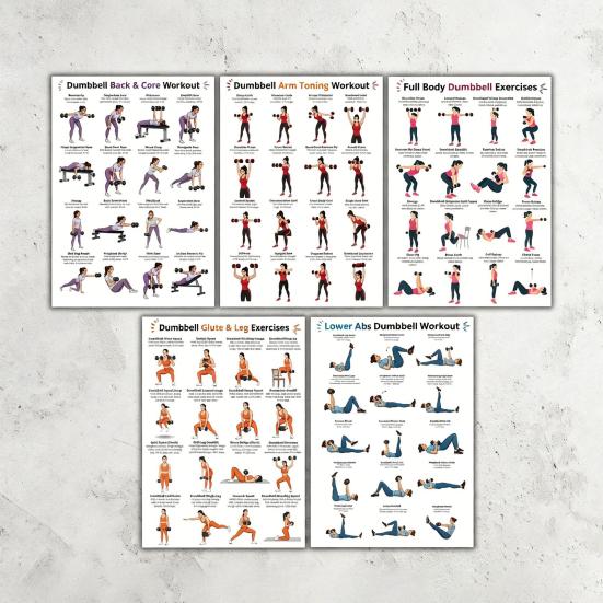 Yousheng 5 Piezas Póster de Entrenamiento con Mancuernas, Tabla de Ejercicios en Casa para Brazo Pierna Cadera Core, Guía de Entrenamiento de Cuerpo Completo Pared
