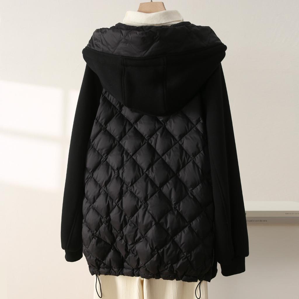 Hooded double zipper down jacket for women in winter 2025, fashionable, loose, versatile, casual, medium to long length with added fleece jacket
