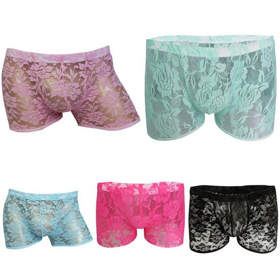 Pánské duté krajkové síťované průhledné boxerky Sexy prodyšné spodní prádlo kalhotky