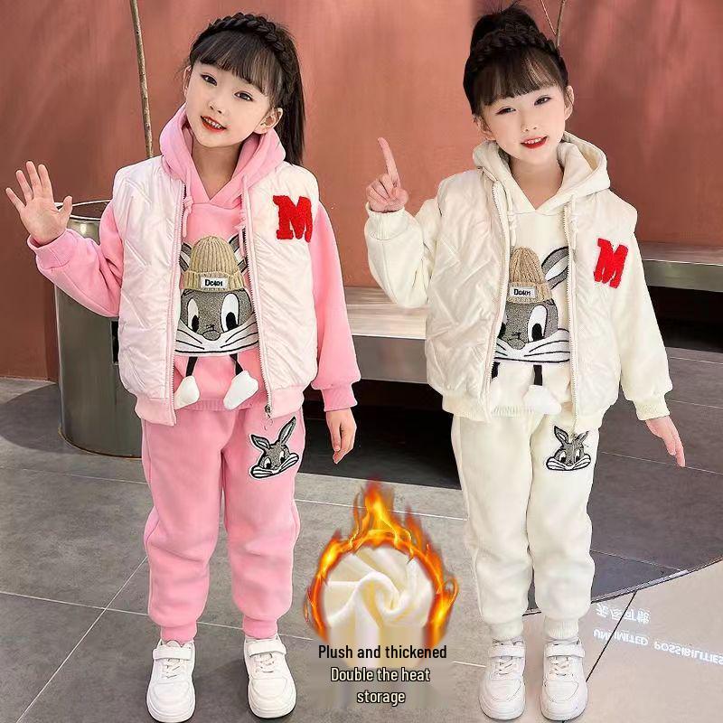 2025 Girls' Autumn/Winter Hoodie Set: Fleece-Lined Vest & Thickened Small Fragrance Style for Medium/Large Children