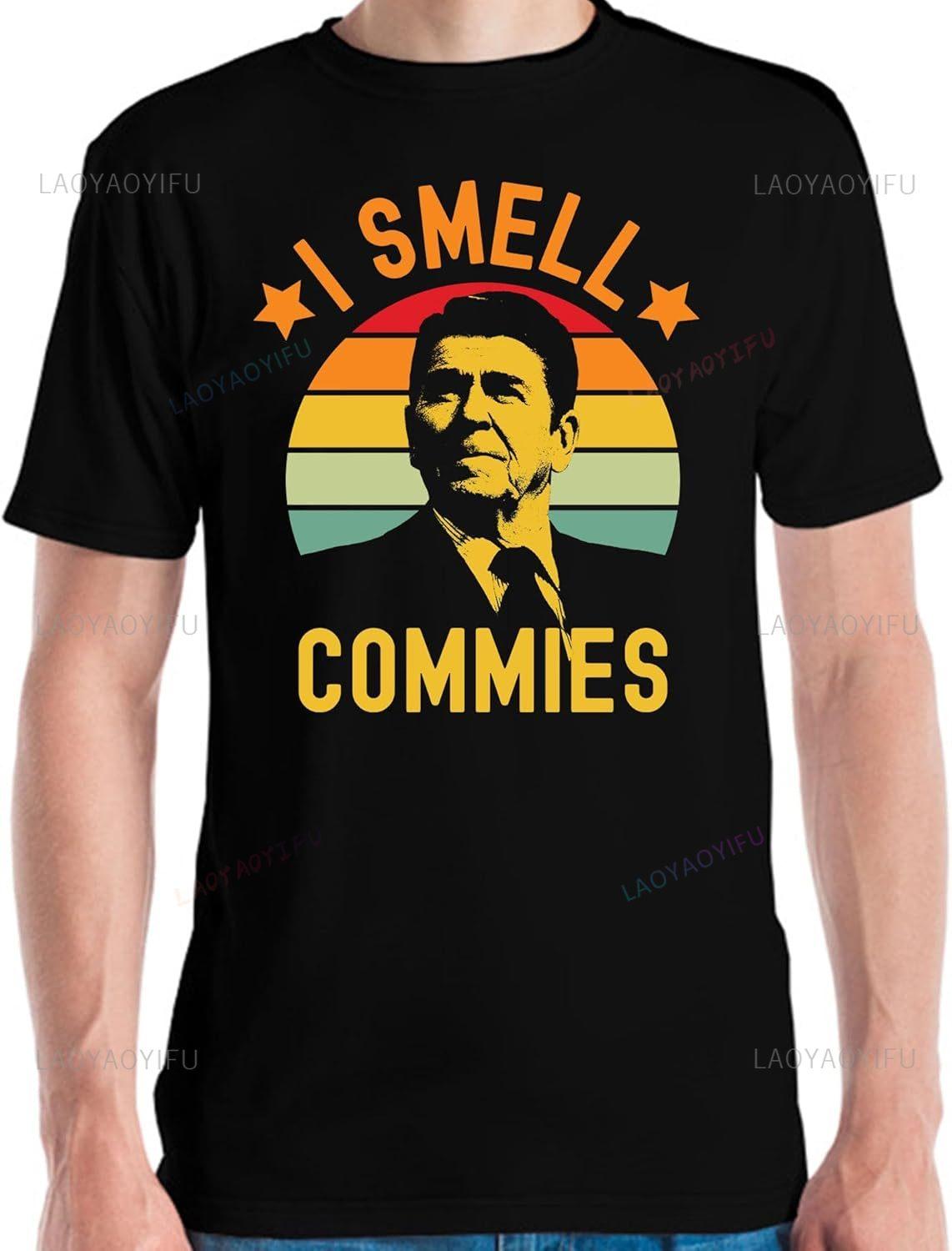 

Funny Ronald Reagan I Smell Commies Humor Graphic Printed T-Shirt Casual Fahsion Loose Hip Hop Man Tshirt Streetwear Y2K Tees 4XL