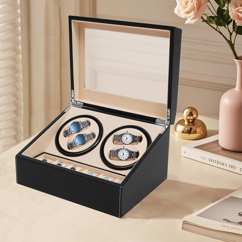 4+6 Automatic Watch Winder Display Box PU Leather Watches Shaker Watch Jewelry Storage Box Watch Case, Black/Brown