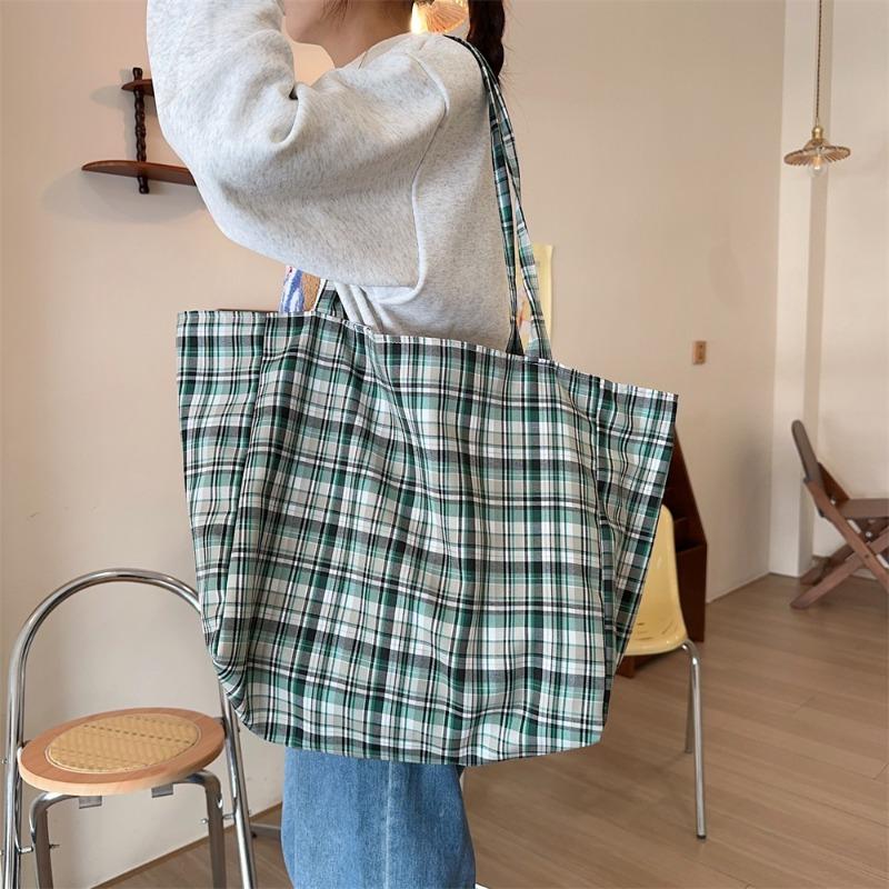 New Plaid Double-sided Dual-purpose Shoulder Bag Women's Fashion Simple Large-capacity Work Canvas Bag