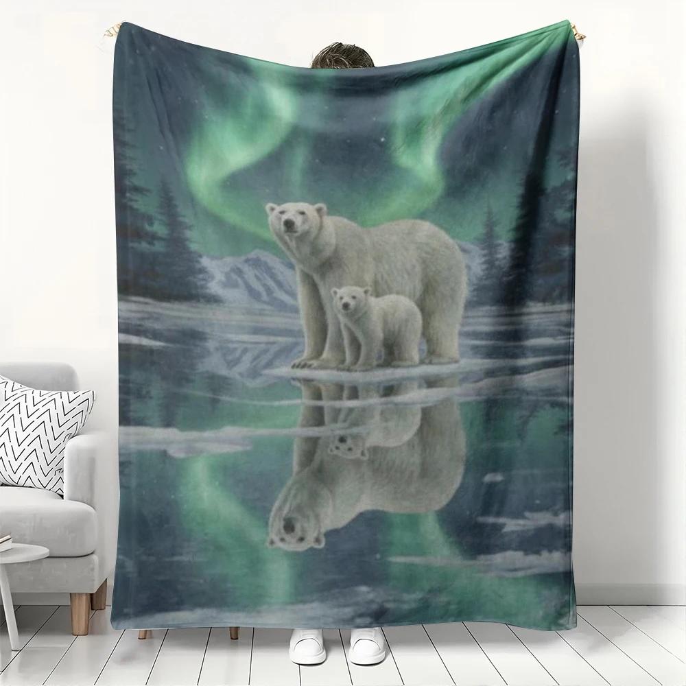 Northern Lights Polar Bear Flannel Blanket Arctic Wildlife Family Pattern Throw Soft Cozy for Nature Lover Home Decor 100cm x 150cm