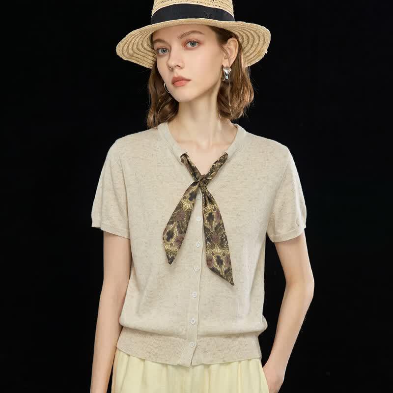 Wudao French Vacation Tencel Linen Y-Neck Knit T-Shirt