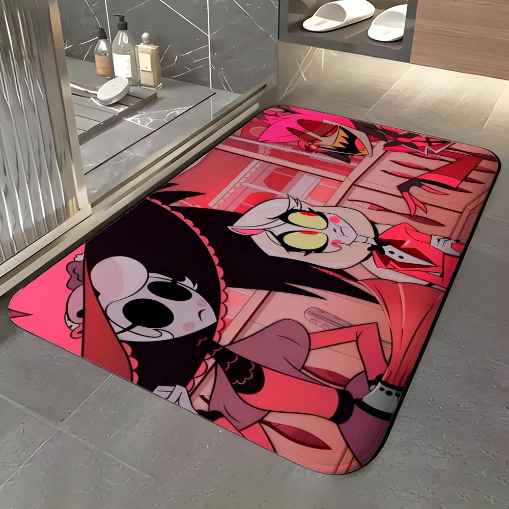 show H-Hazbin Hotel Floor Mat Soft Flannel Entrance Door Mat Non Slip Absorbent Bathroom Bedroom Floor Rug