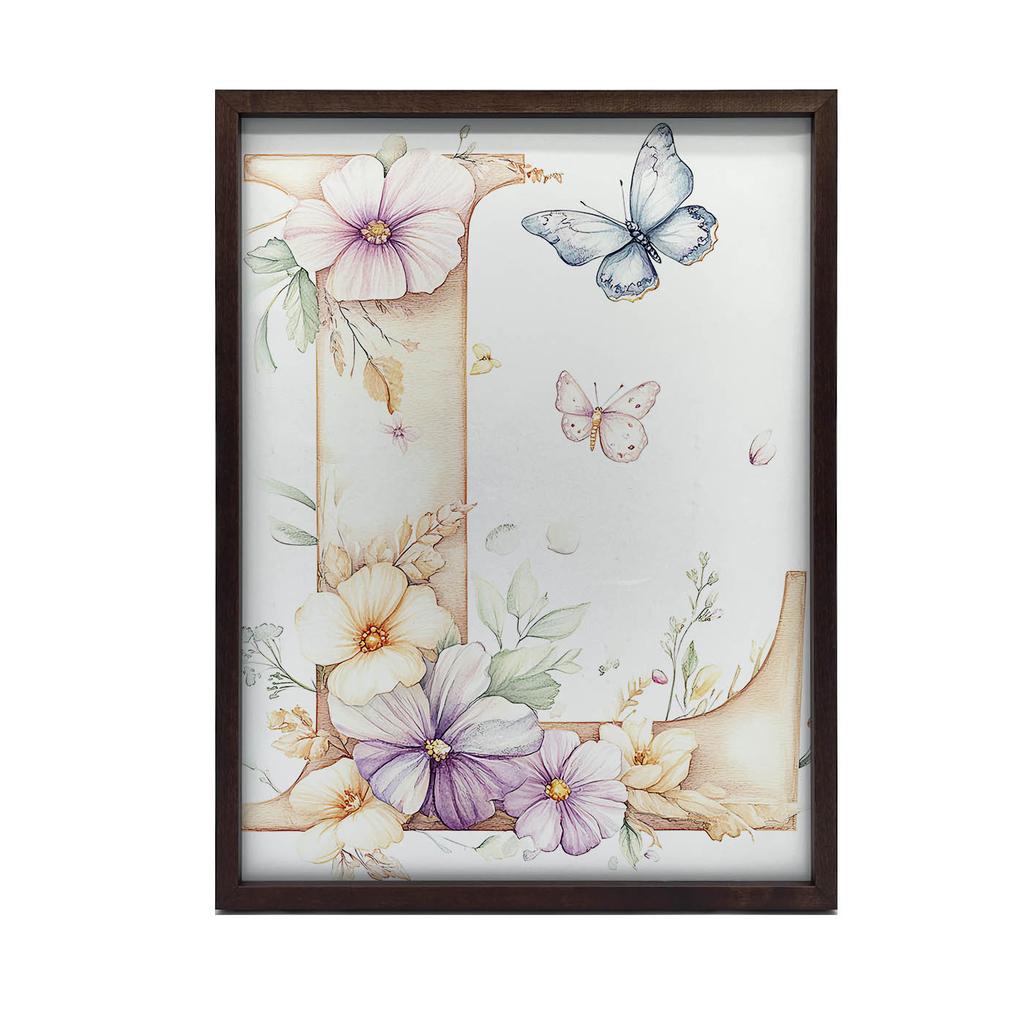 Poster "L" i blommor och fjärilar Poster "L" i blommor och fjärilar, 30X40 cm, Guld aluminiumram, Matt papper 230 gsm