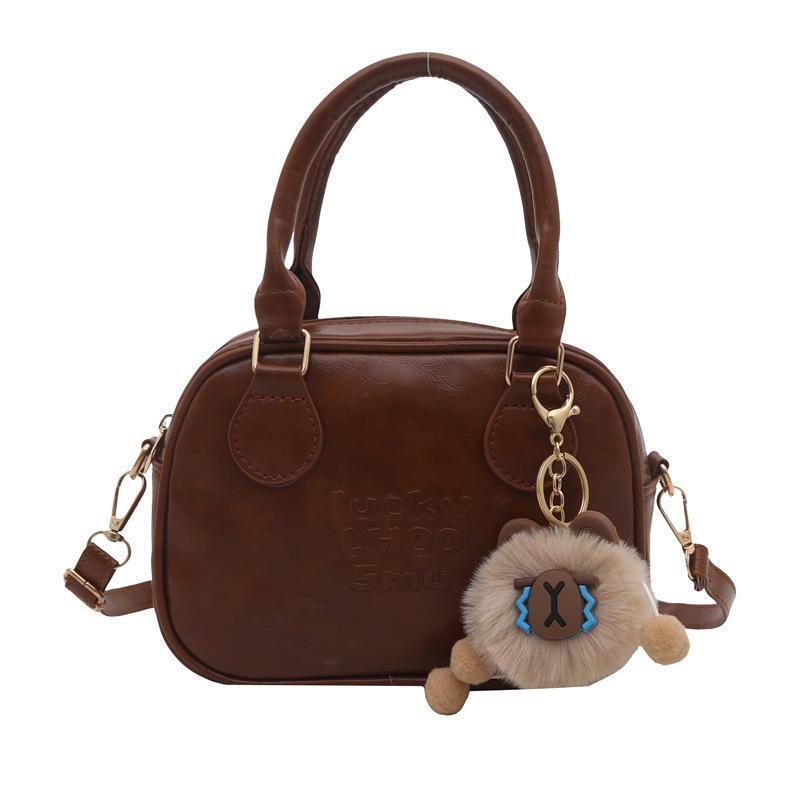 Retro Women's Fall/Winter 2025 Coffee Textured Bowling Crossbody Handbag