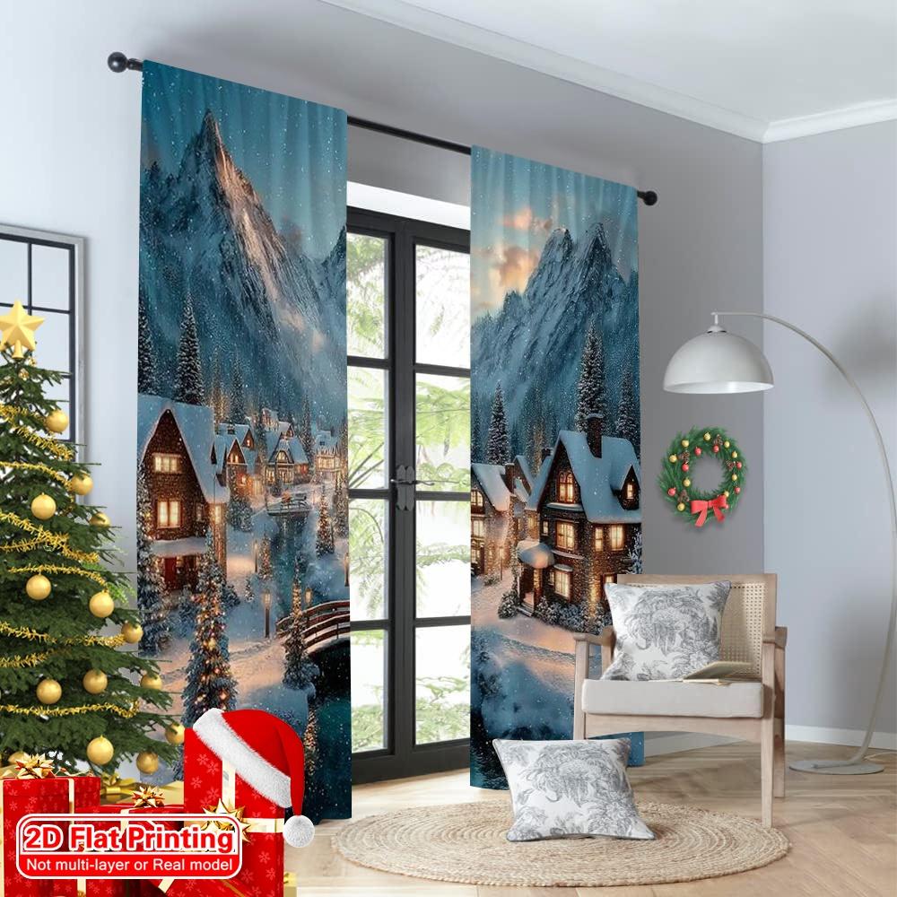 2pcs 2D flat printing Merry Christmas Scene Curtains Winter Village Versatile Polyester Without Electricity Festive Wall Decor