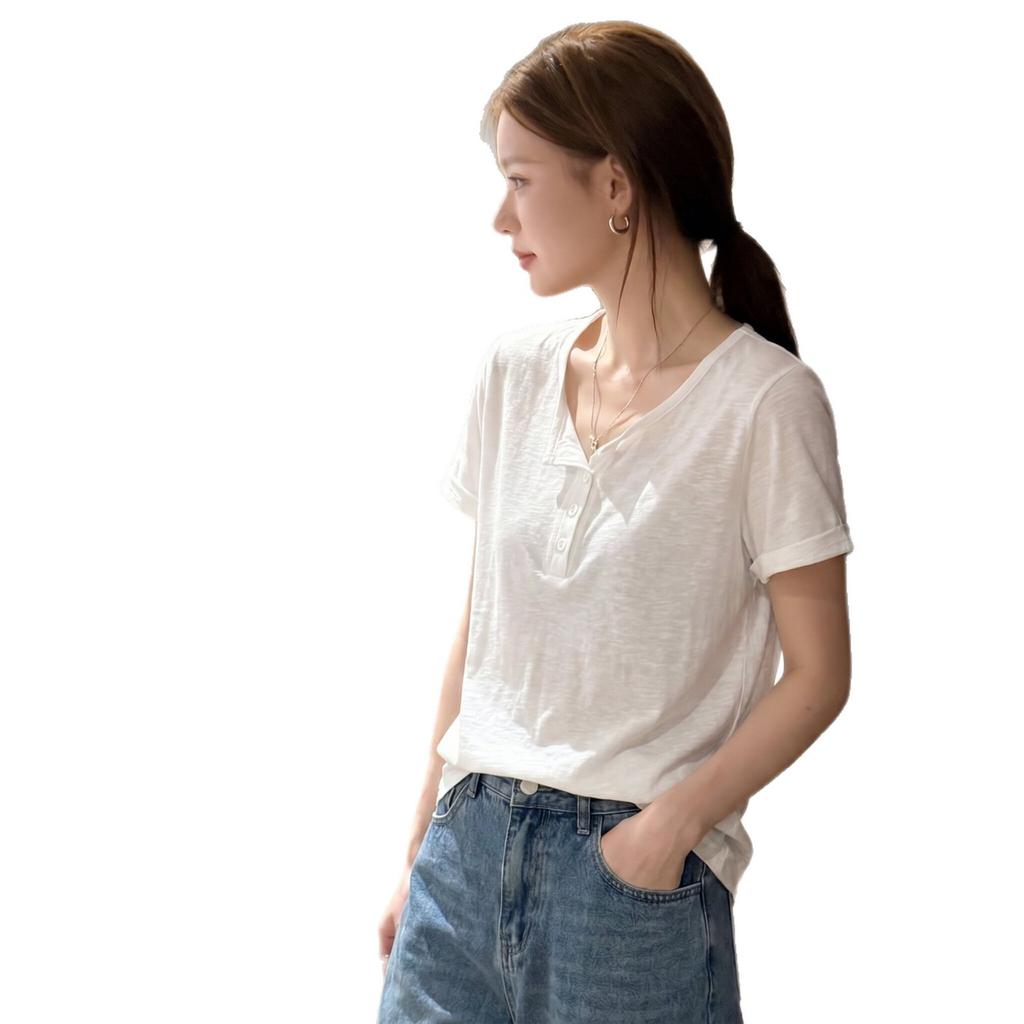 White Half-open Neck Button-down Short-sleeved T-shirt Women's Summer Korean Version Loose and Lazy Style Loose Half-sleeved Versatile Top