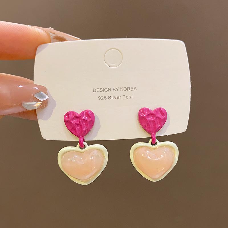 Sweet color love earrings female cute same stud earrings 925 silver needle Korean ear