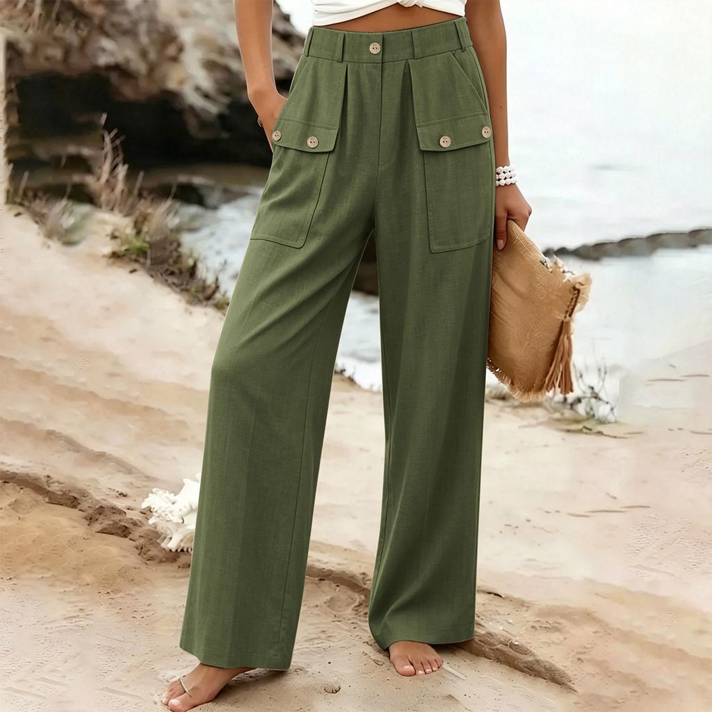 Women’s Casual Wide Leg Pants with Buttoned Pockets Cotton Linen Relaxed Fit Trousers for Everyday Wear Office Travel Lounge