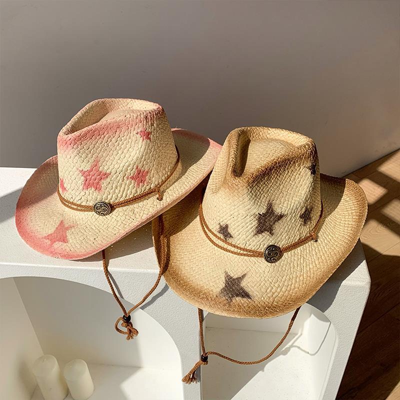 Summer Western Cowboy Hat Women's Sunscreen Hat Sweet Cool Wind Straw Hat Big Eaves Beach Seaside Spice Girl Sun Hat