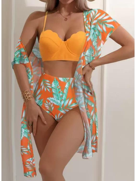 

Комплект бикини с высокой талией и сетчатой накидкой с принтом кленовых листьев Large оранжевый