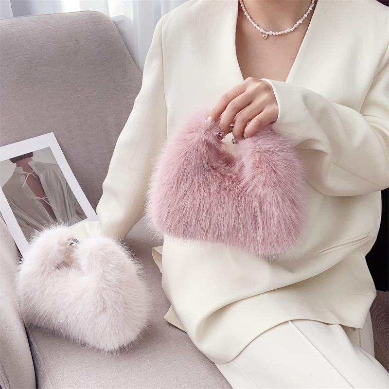 New Autumn Winter Faux Fox Fur Box Clutch Bag Elegant Fluffy Evening Bag High-End Fur Shoulder Bag for Women