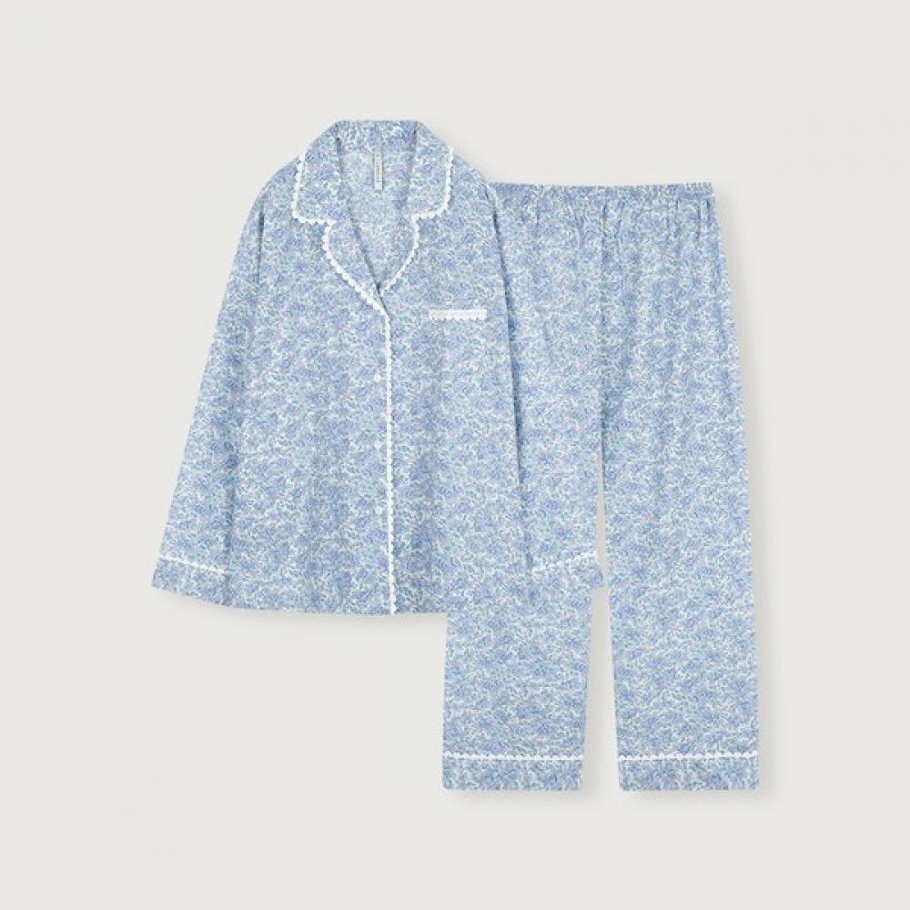 Lunaluz Women S Cotton Long Sleeve Lace Collar Two Piece pajamaS Blue/free
