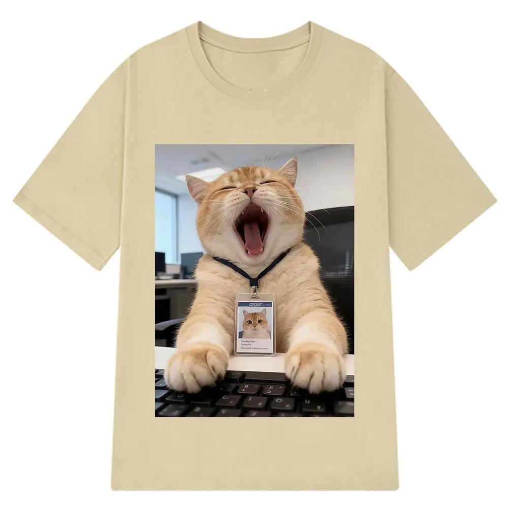 Lustiges Bürokatzen-Meme T-Shirt Herren Damen Mode Lässiges T-Shirt Kurzärmelig Locker Freizeit Baumwoll-T-Shirts Streetwear