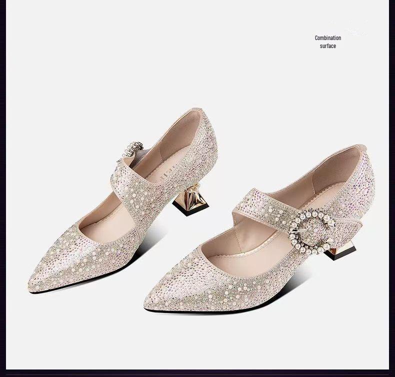 2025 Women's Chunky Heel Pointed Toe High Heels with Pearl Rhinestone Buckle