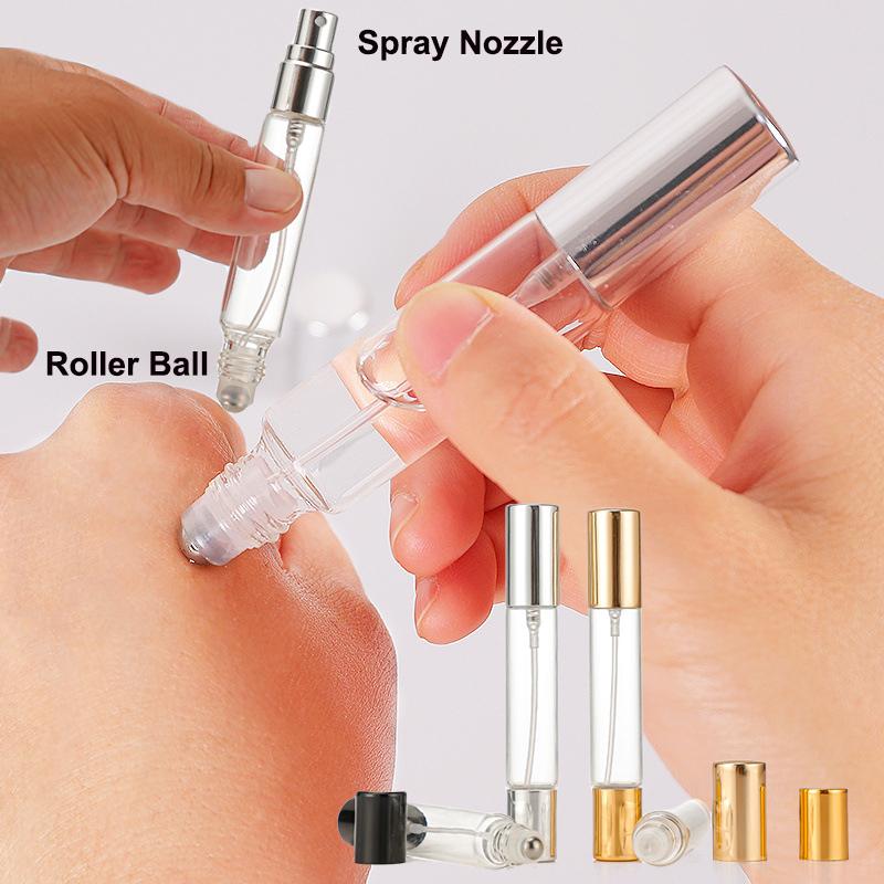 10Ml Double-Headed Perfume Glass Bottle Rolling And Mist Spray Aluminum Nozzle Glass Bottles Refillable Empty Fragrance Atomizer