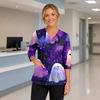 Womens Halloween Print V Neck Medical Scrub Top with Pockets Side Slits and Three Quarter Sleeves Halloween Themed Nurse Uniform Shirt