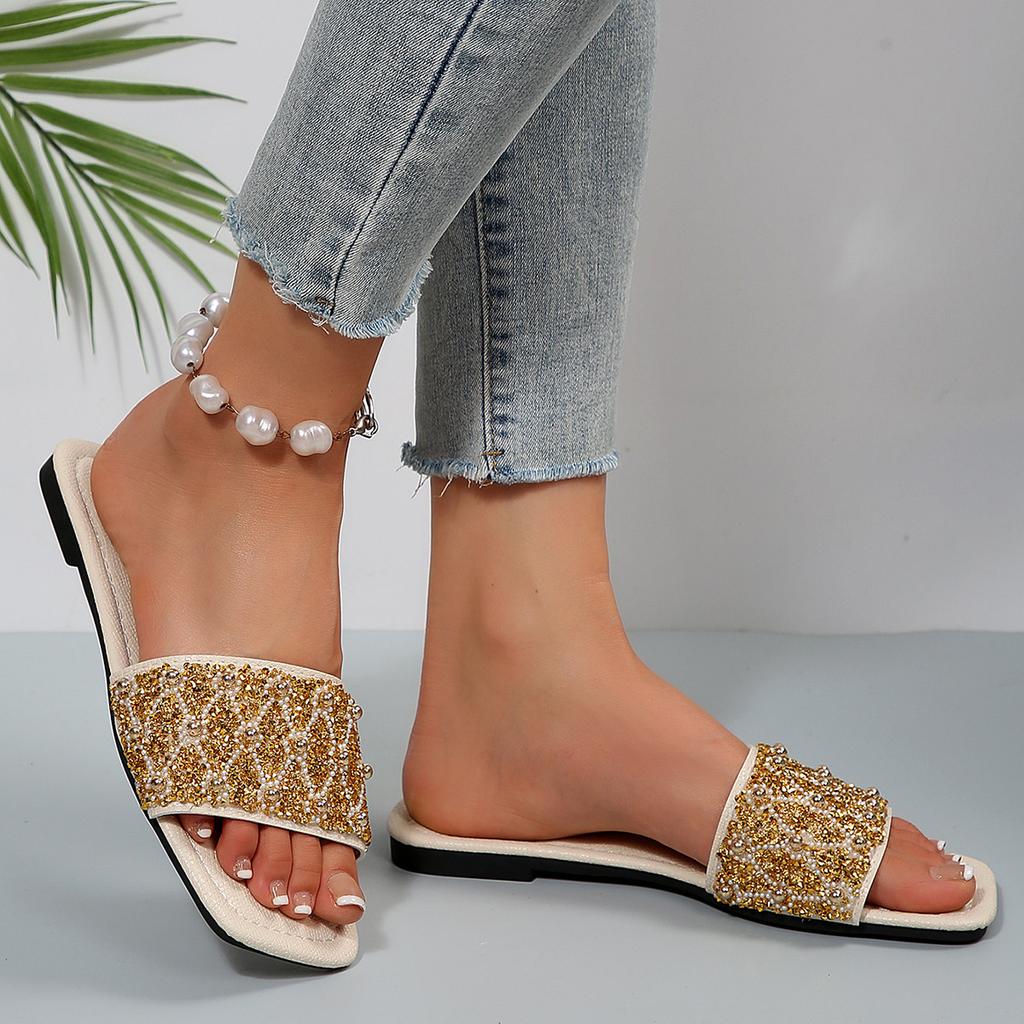 [Foreign trade] Foreign trade flat-bottomed slippers women's pearl rhinestone outer wear square head sandals