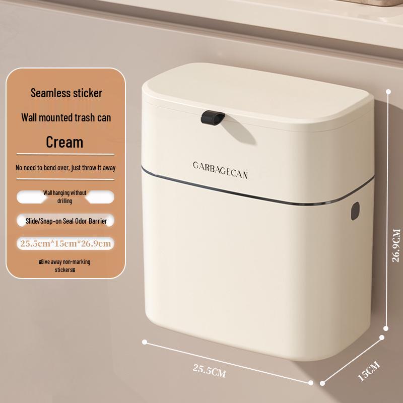 Kitchen Hanging Trash Can, Cream White Wall-Mounted with Lid, No-Marking Sticker, Household Cupboard Waste Basket.